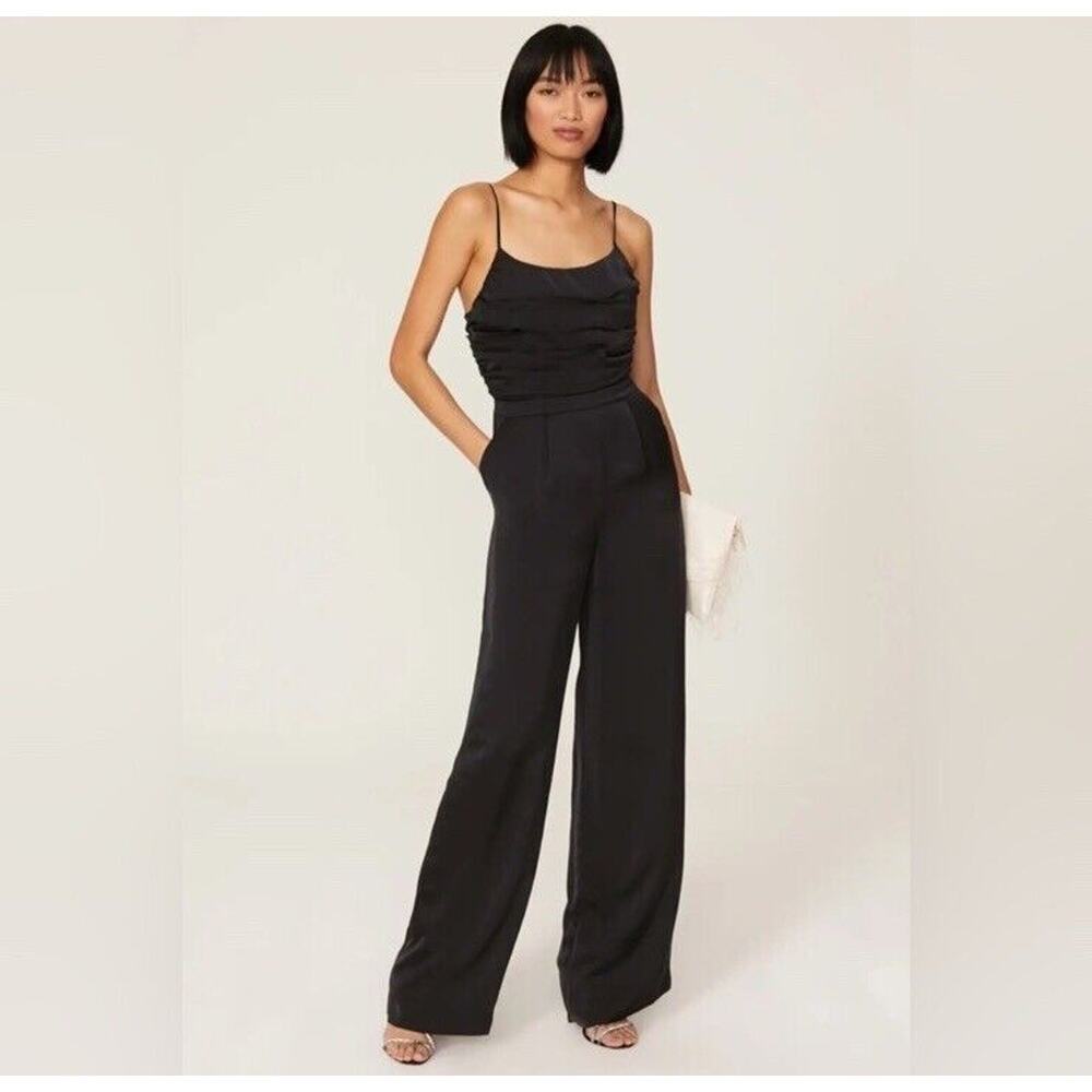 Ramy Brook Ezra Satin Jumpsuit Sz 00 Black Sleeveless Wide Leg Pockets Cocktail‎